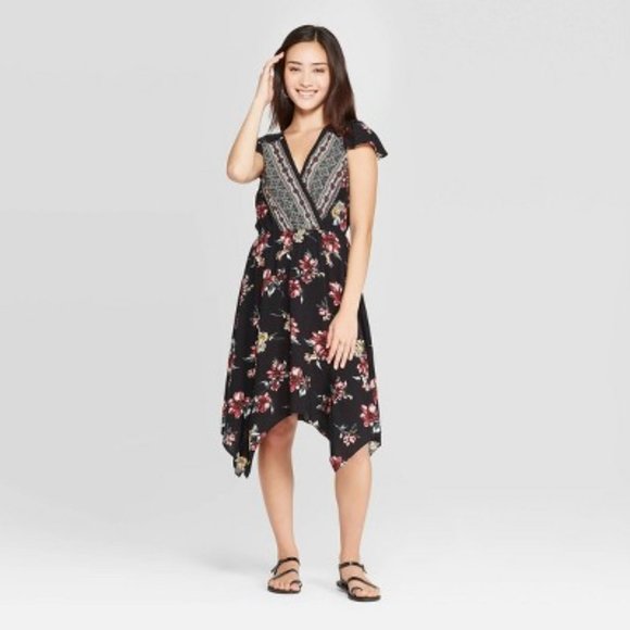 NEW! Floral Black V-Neck Handkerchief Hem Dress - Picture 1 of 4